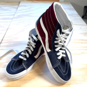 Vans Sk8-Hi Hi-Top Sneakers Women's 9 Men's 7.5 Blue Burgundy Corduroy Suede